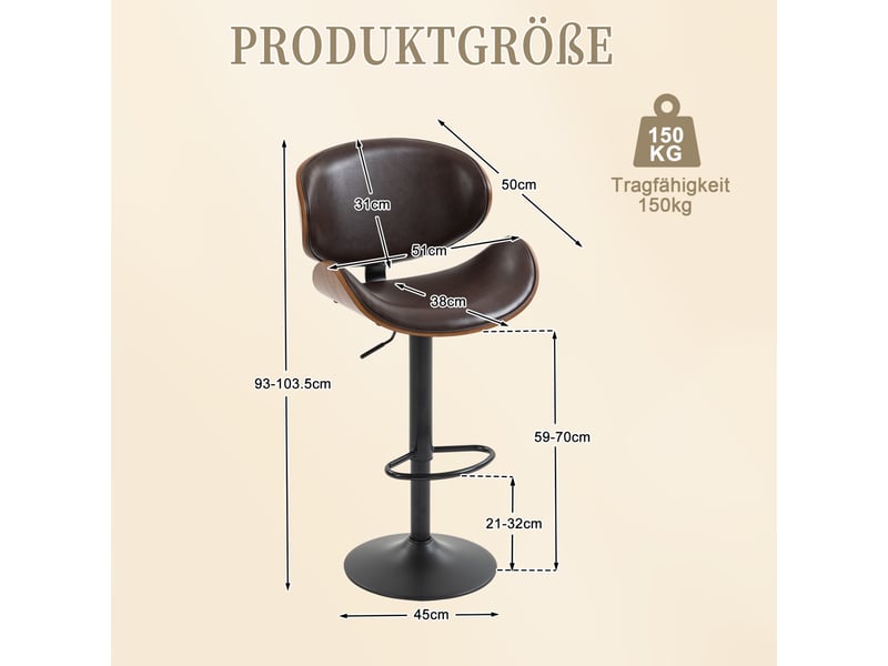  Lot de 2 tabourets de bar réglable 51 x 50 x 93-103,5 cm -  avec siège pivotant en cuir pu et métal - bois de noyer - noyer  - Conforama C