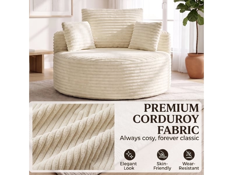 Fauteuil rond 1 place en mousse, assise profonde avec 4 coussins, sans cadre, en velours côtelé crème - Conforama D