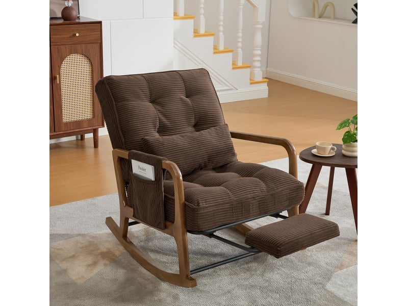 Fauteuil à bascule avec repose-pieds rétractable, dossier réglable et poche latérale, en velours côtelé café - Conforama B
