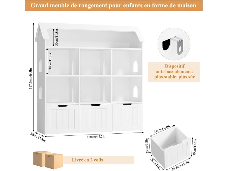  Meuble rangement enfant, en forme maison, 120x30x117.5cm, blanc  - Conforama C