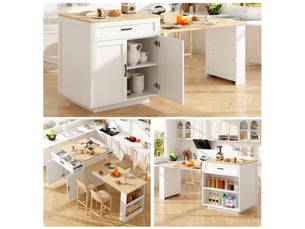 Table de bar extensible avec rangement (133-202×70×93,5 cm), avec 2 tiroirs et 2 compartiments, îlot de cuisine extensible pour 2 à 6 personnes, desserte de cuisine avec étagères latérales, blanche