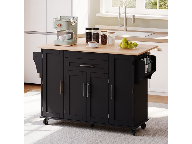 Desserte de cuisine avec 4 portes, 2 tiroirs, étagères réglables et roulettes pour cuisine en mdf 136×70×92 cm noir naturel - Conforama C