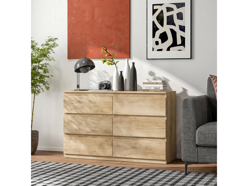 Commode 6 tiroirs meuble de rangement sans poignées design minimaliste 120 x 39 x 75 cm chêne - Conforama D