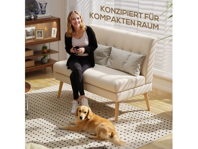  Canapé 2 places 118 x 68 x 90 cm beige, tissu aspect lin et pieds en bois, format compact  - Conforama D