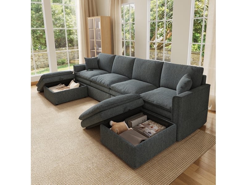  Canapé panoramique modulable 6 places avec rangements et ports usb type c, en coton-lin gris, 277 × 135 × 80 cm  - Conforama C