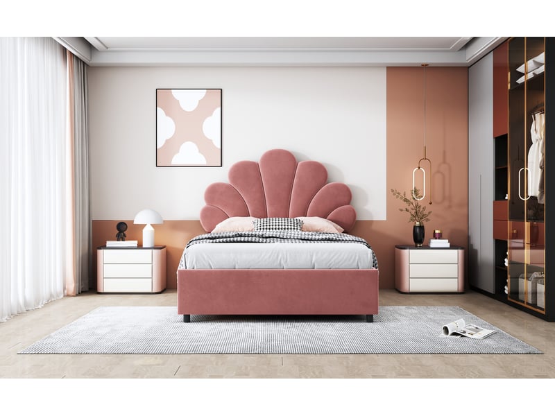 Lit capitonné,90x200 cm,tête fleur réglable,coffre,velours,rose - Conforama B