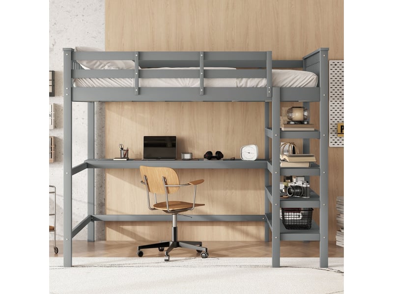  Lit mezzanine gris 140x200cm avec rangement, échelle, bureau, structure robuste, confort durable - bois massif - pour enfant ado  - Conforama B