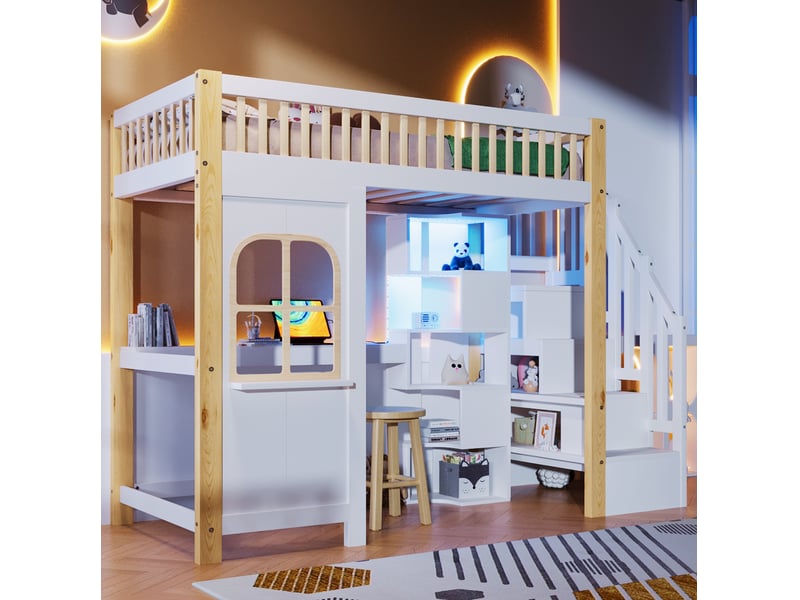  Lit mezzanine tcqpz 90 x 200 cm avec led, forme fenêtre, échelle de rangement, étagère ouverte, bureau, prise, blanc et naturel  - Conforama E