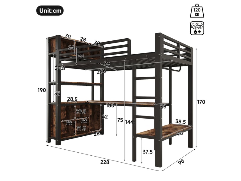  Lit mezzanine 90x200 cm avec bureau, penderie et étagères, en métal, noir, sans matelas  - Conforama C