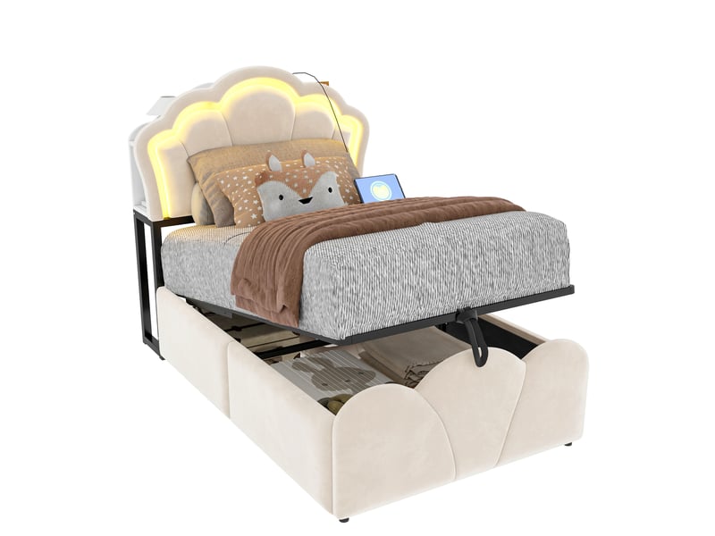  Lit, 90x200 cm, espace nuit, avec rangement hydraulique, led, design floral, matelas non inclus, velours, coloris beige  - Conforama A