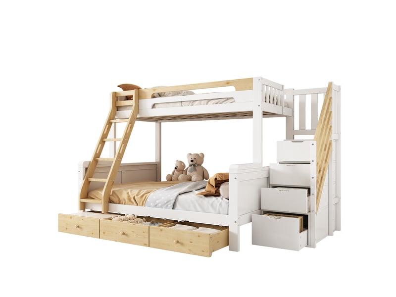Lit superposé 90 × 200 cm et 140 × 200 cm 3 places avec escalier de rangement et 3 tiroirs, sans matelas - Conforama A