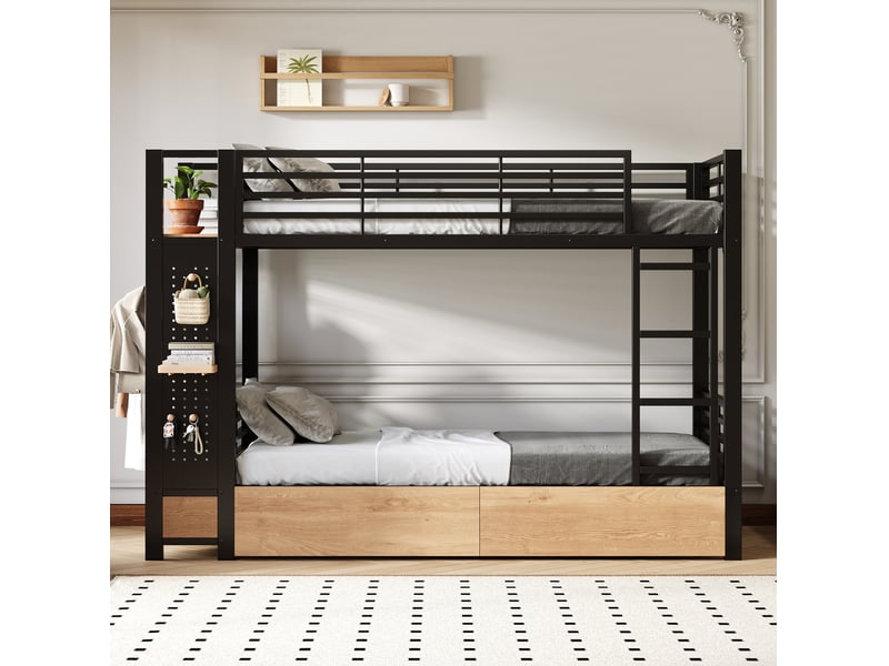  Lit superposé 90x200 cm noir en métal et mdf avec led, rangements et tringle à vêtements, sans matelas  - Conforama E