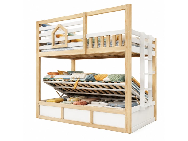 Lit superposé enfant 2 places 90×200 cm avec rangement hydraulique - okmyhome- bois blanc et chêne, sans matelas - Conforama A