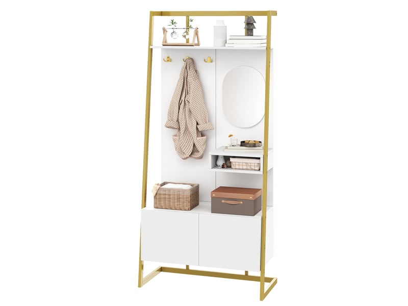  Meuble d'entrée en panneaux avec miroir, crochets, 2 portes et rangement chaussures, blanc, 78 × 38,5 × 180,5 cm  - Conforama A