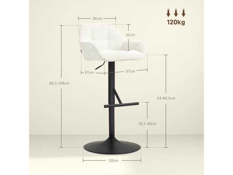  Lot de 2 tabourets de bar chaises de bar hauteur réglable tissu effet lin et base en acier 52,5 x 53 x 86,5-108 cm crème  - Conforama E