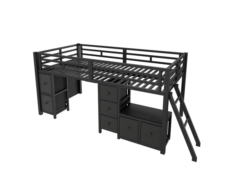  Lit mezzanine enfant 1 place 90×200 cm, 7 tiroirs, led réglable et étagères - okmyhome- sans matelas, noir  - Conforama E