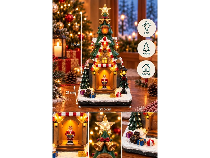  Décoration de noël lumineuse sapin et maison avec père noël del  - Conforama C