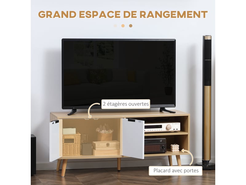  Meuble pour télévision 110 x 39 x 48,8 cm rangement et passe-câbles scandinave moderne en panneau de particules blanc 21_0003036  - Conforama C