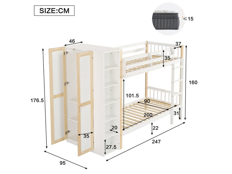  Modenvie lit superposé enfant 90x200 cm - avec rangements latéraux et armoire, sans matelas - blanc  - Conforama C