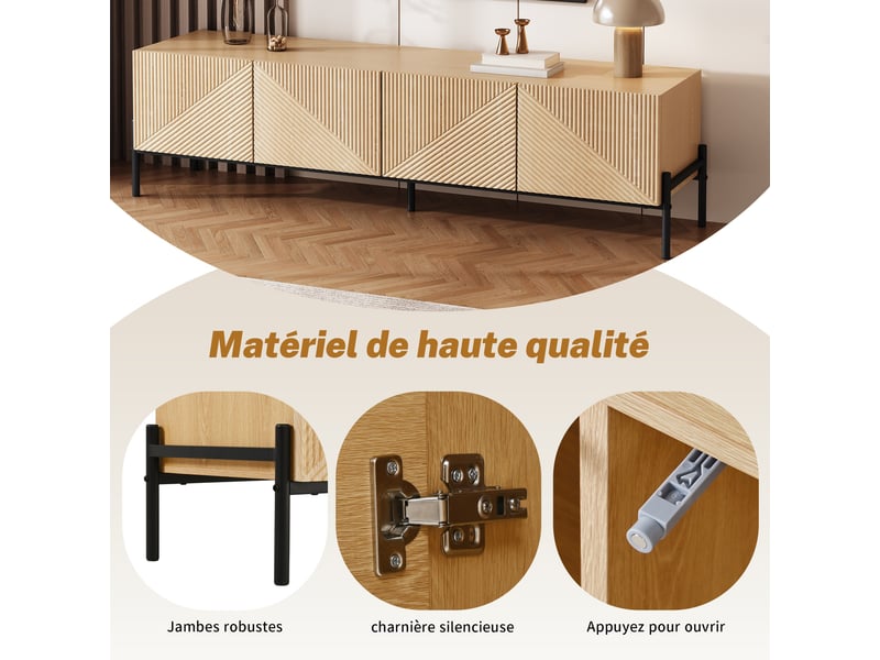  Meuble tv 163,5x40x45 cm, 4 portes, push-to-open, façades texturées, grand rangement, lowboard moderne pour salon - naturel  - Conforama E