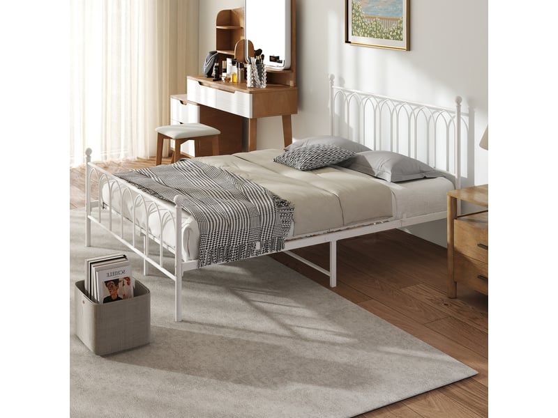  Lit 2 personnes, lit 140x200 cm, cadre de lit 140x200 cm en metal blanc avec sommier a lattes, sans matelas  - Conforama E
