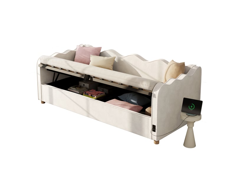  Lit coffre 90x200 lit banquette velours beige avec sommier et port usb  - Conforama A