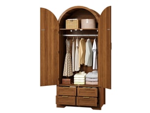 Armoire penderie 80x50x180 cm, 2 portes courbes, tiroirs, cannage en rotin, rangements mdf, noyer