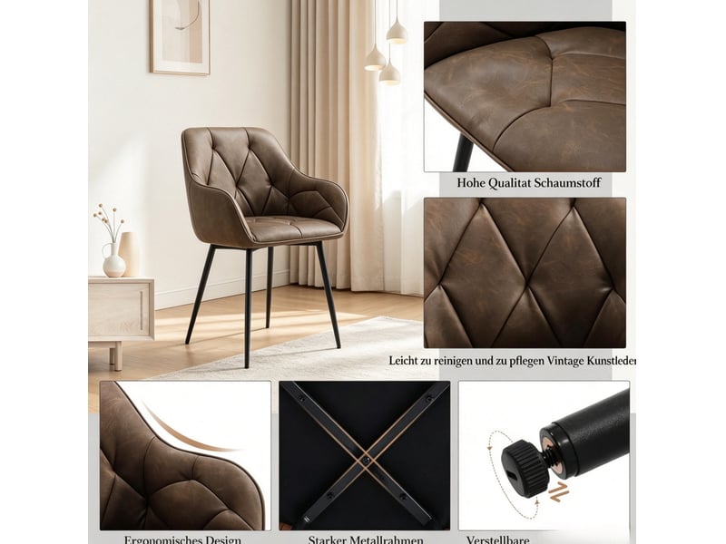  Lot de 2 chaises de salle à manger à accoudoirs en cuir régénéré marron foncé, confort vintage au quotidien  - Conforama D