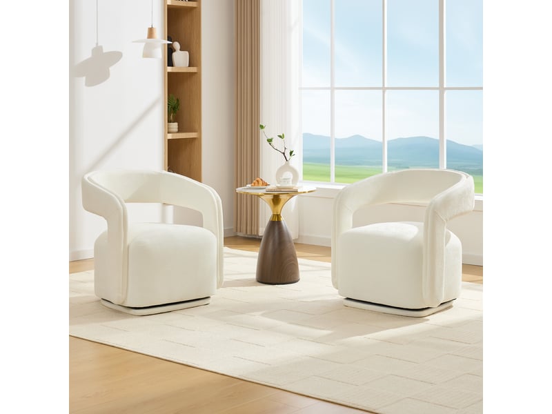 Fauteuil pivotant 065 blanc en chenille, rotation 360°, design arrondi pour salon - Conforama E
