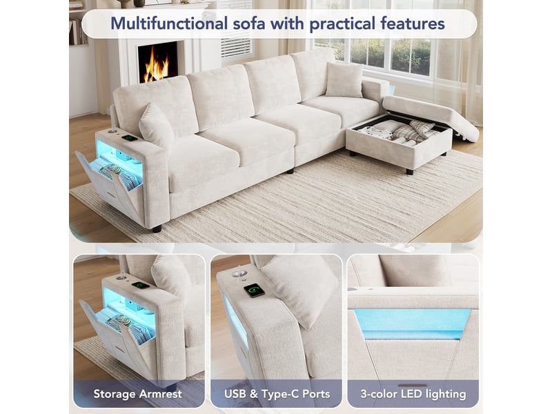  Canapé d'angle 4 places en tissu velours beige, 282×153×82 cm, pouf avec rangement, accoudoir led et ports usb  - Conforama E
