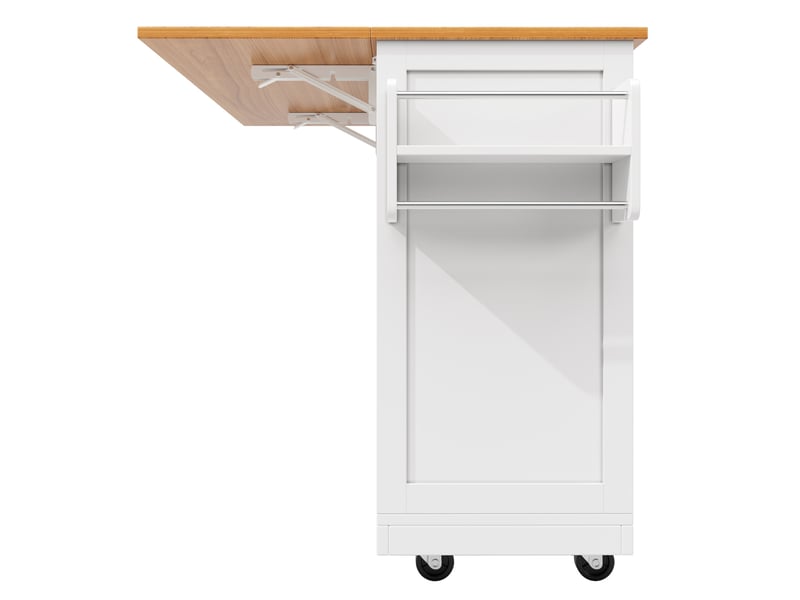  Desserte de cuisine 140x40x93,5 cm blanche en mdf et métal, plateau pliant, rangements à roulettes  - Conforama E