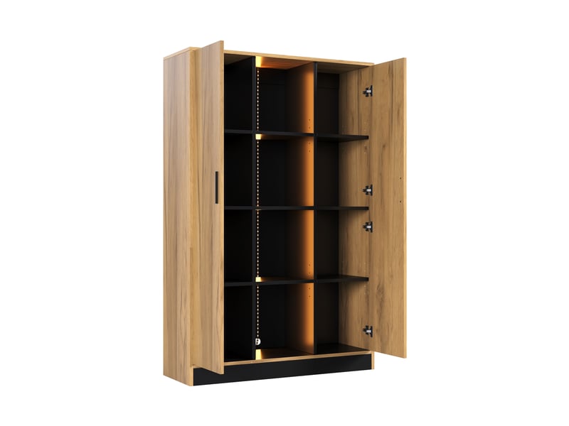  Vitrine noire et effet chêne 95x35x160 cm avec led, 2 portes et étagères réglables, meuble rangement salon bureau  - Conforama E