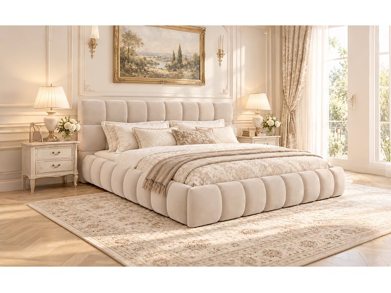  Lit rembourré double 180 x 200 cm avec tête de lit épaisse, côtés rembourrés, sommier à lattes, velours, beige Morn Vibe - Conforama E