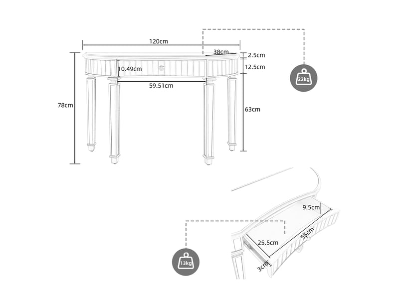  Console demi-lune miroir 120x38x78 cm avec tiroir mdf doré et argenté  - Conforama E