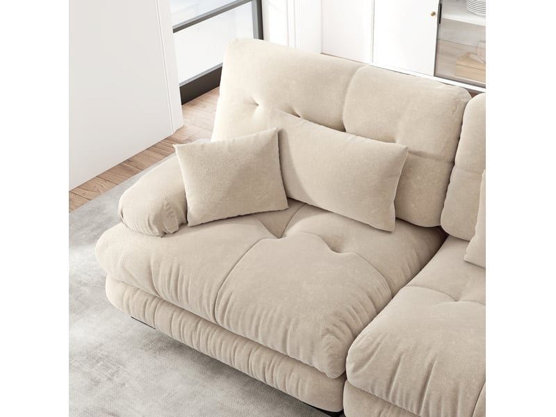  Canapé modulable 313x77x81cm 3 places, accoudoirs arrondis, coussins, structure en bois, matière chenille, café clair  - Conforama E