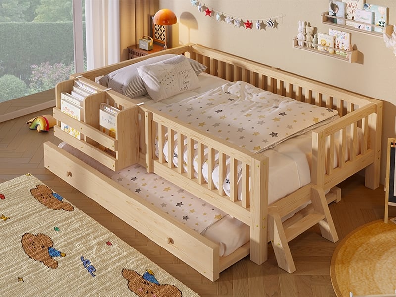 Lit plateforme bois 90x200 avec barrière sécurité et lit gigogne, couleur bois - Conforama B