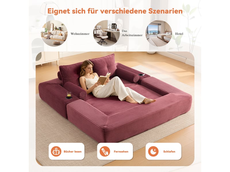  Canapé droit convertible 2 places en velours côtelé rouge 180x98x80 cm, avec poches, porte-gobelet, salon séjour 180x98x80cm - Conforama W
