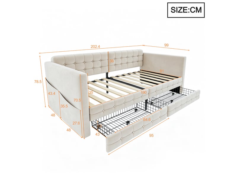  Lit banquette 90 × 190 cm, velours capitonné, 2 tiroirs, poches latérales, sommier à lattes, beige, avec rangements  - Conforama C