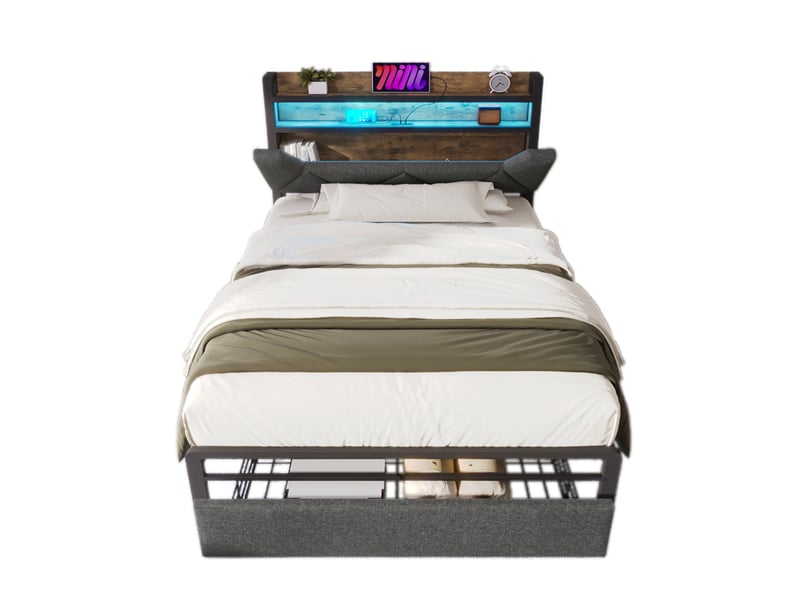  Modenvie lit 1 place 90x200 cm - avec led, ports usb-c et tête de lit avec rangement - gris  - Conforama A