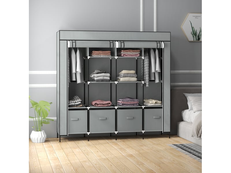  Armoire en tissu avec 2 penderies, 10 niches et 4 tiroirs amovibles pour rangement, gris foncé, 166 × 42,5 × 169,5 cm  - Conforama C