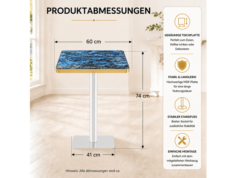  Table à manger carrée 60 x 60 cm en mdf et métal, effet marbre bleu, hauteur 74 cm  - Conforama C