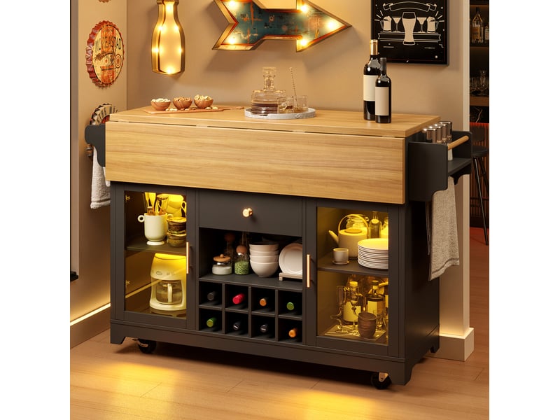  Desserte de cuisine noire à led rgb, plateau double rabattable, rangement, casier à vin et roulettes  - Conforama E