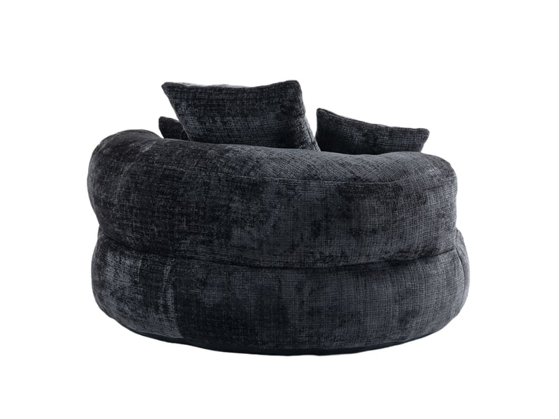  Fauteuil pouf en tissu noir 108 x 108 cm, dossier haut enveloppant et 3 coussins pour se détendre à la maison  - Conforama D