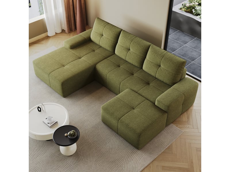 Canapé d’angle 3 places compressé 262x172x82cm, canapé en l, pouf inclus, mousse haute élasticité, tissu - vert olive CozyNest - Conforama E