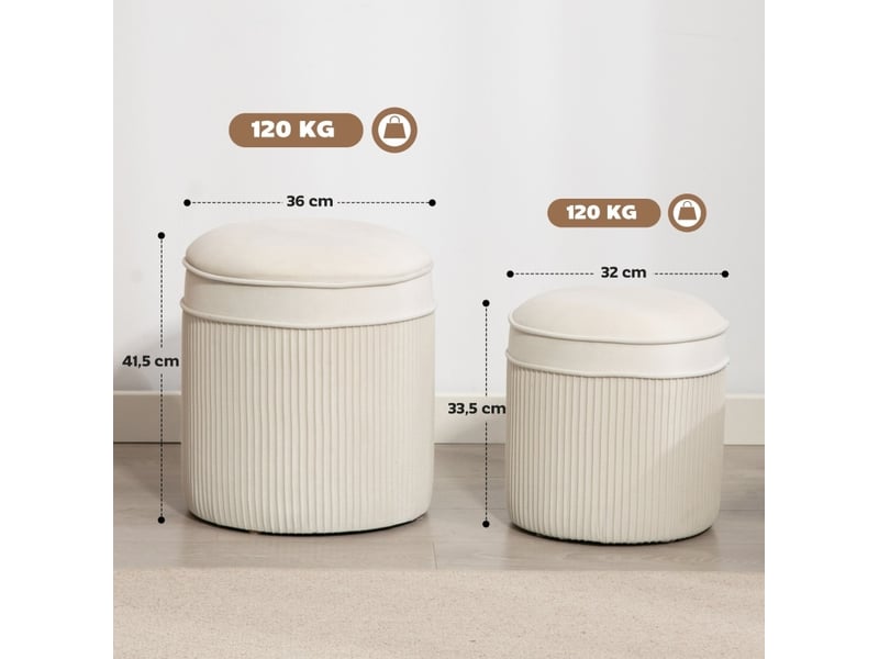  Lot de 2 poufs ronds avec rangement et couvercle, polyester crème, 36 x 41,5 cm  - Conforama C
