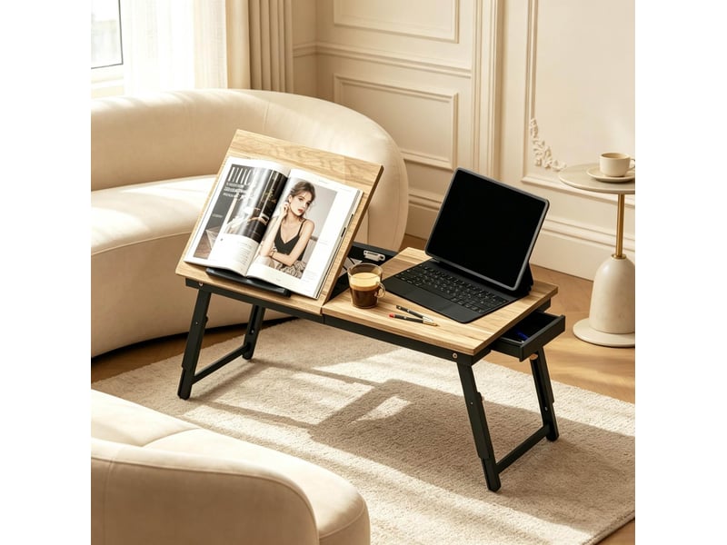 Table pour ordinateur portable pliable avec hauteur et inclinaison réglables, tiroir latéral, noir et chêne - Conforama D