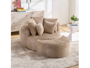 Fauteuil de lecture rond fixe en velours côtelé camel et marron avec repose-pieds, 5 coussins, pour le salon