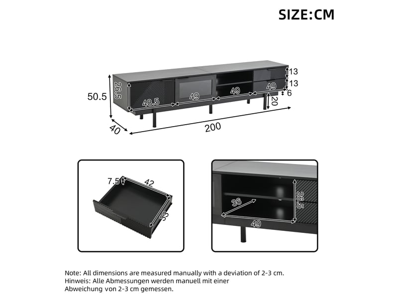  Meuble tv bas noir 200 x 40 x 50,5 cm, 2 portes, 2 tiroirs, pour tv 80 pouces  - Conforama C