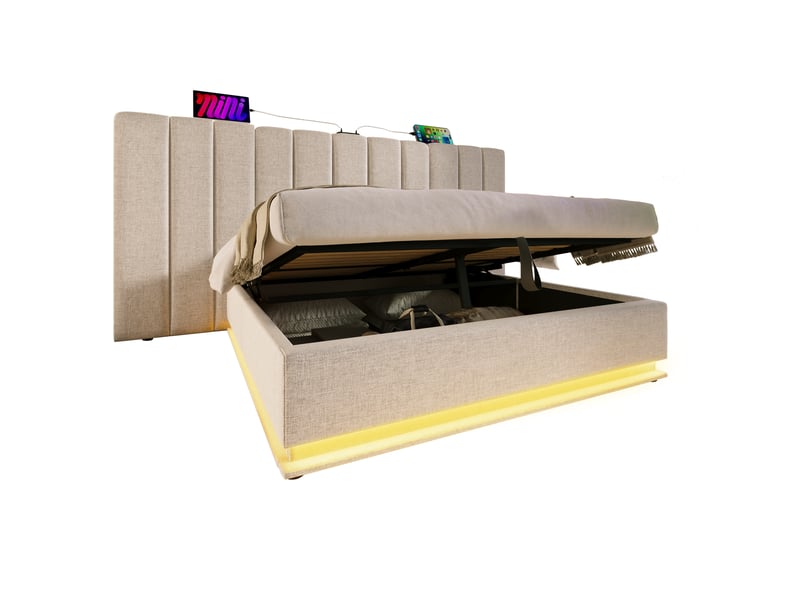  Lit rembourré 180x200 rayofi - coffre de rangement hydraulique, éclairage led 360°, ports usb-c et usb, matelas inclus, lin beige  - Conforama A