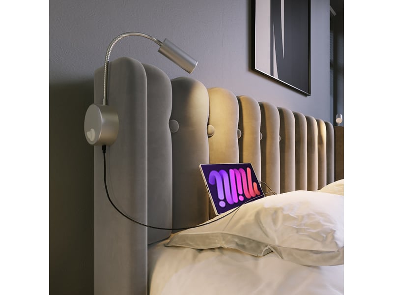  Lit enfant,90x200 cm,avec matelas,coffre,lampe de lecture,usb,velours,gris  - Conforama E